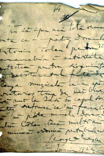 O scrisoare a lui George Enescu către Antonin Ciolan